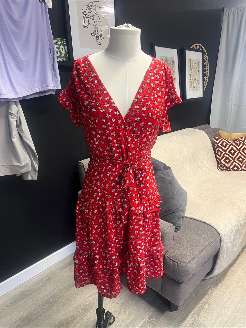 Monteau Red Floral Wrap Mini Dress with Tie Waist